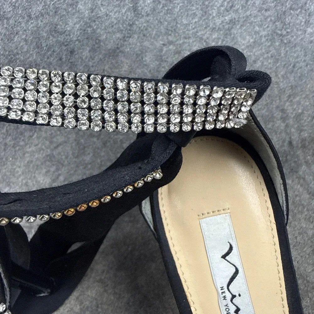 Nina New York Black Satin Rhinestone Ankle Tie Stiletto Sandals Womens 8.5 M